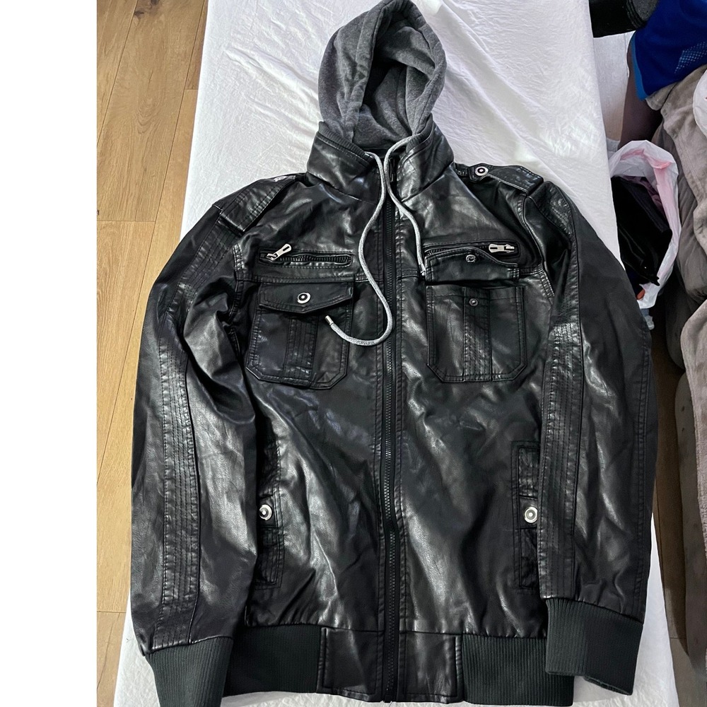 Maximos USA Mens Black Faux Leather Hooded Bomber‎ Jacket M